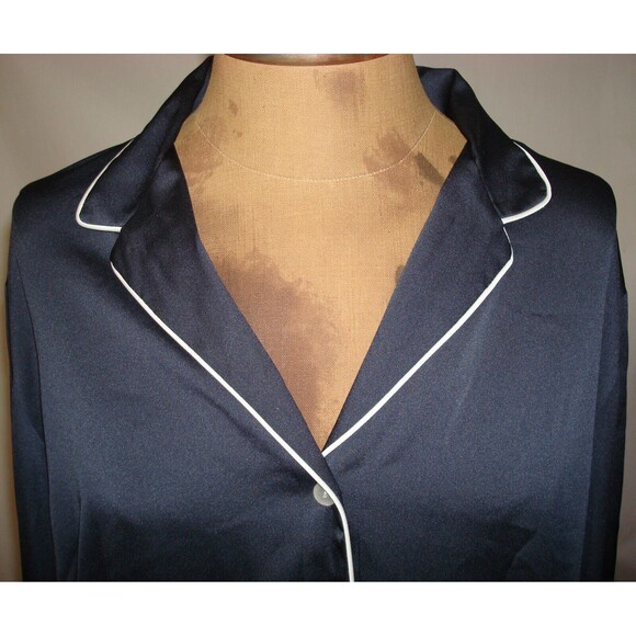 NWT New Designer Natori Womens M SleepShirt Cotton Dark Blue White Satin Silky - Picture 2 of 4